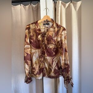 Urban Outfitters Misty Marble Sheer Tie Blouse- XS